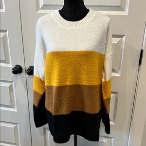 Cozy Colorblock Women's Sweater - White, Yellow, Brown, and Black Sz M/L